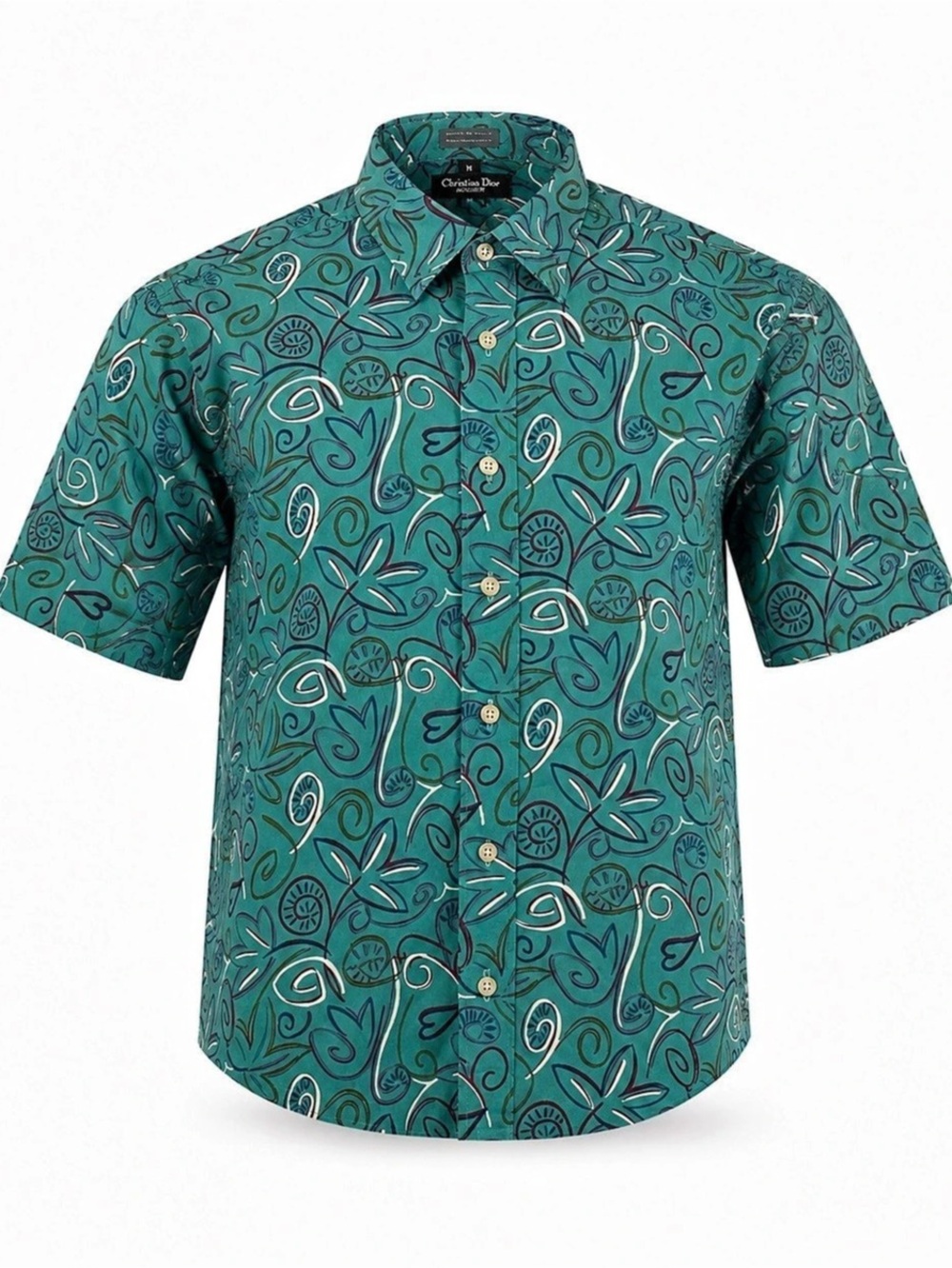 Vintage Christian Dior Monsieur Shirt Men’s M Teal Abstract Rayon Cotton Korea